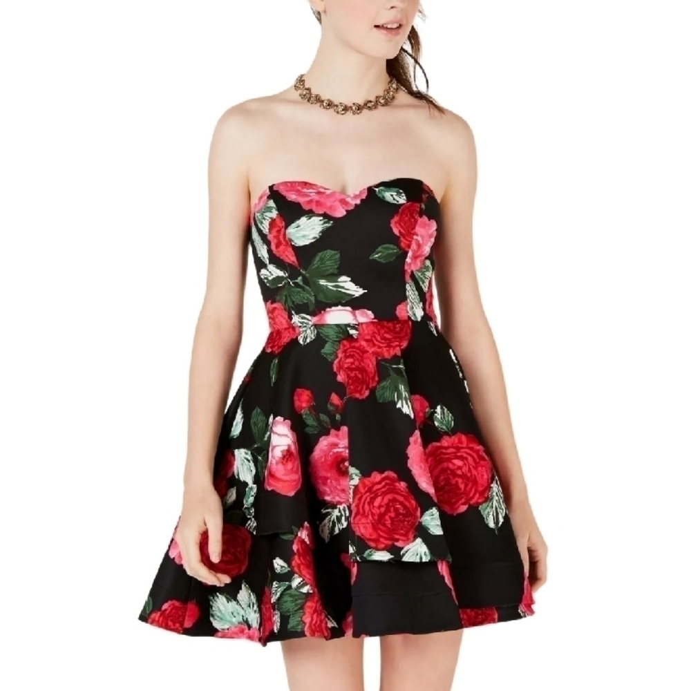 B Darlin Fit and Flare Floral Strapless Mini Dress - Sz 6